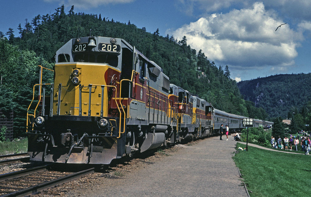ACR GP38-2 202 is on the head end of train #4, waiting to depart Canyon with the southbound Agawa Canyon tour train.