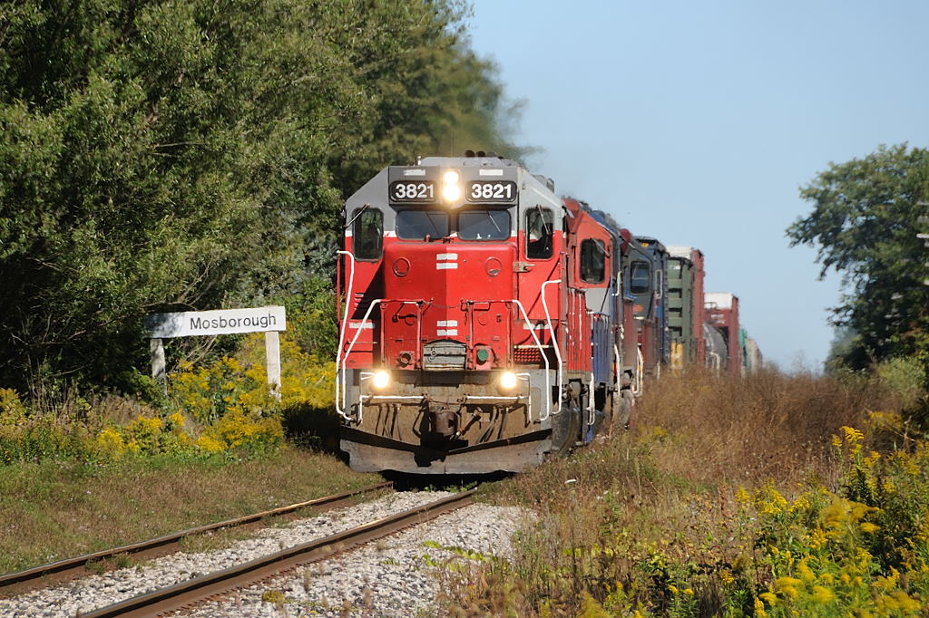 Goderich and Exeter Railway\'s Mac Yard to Stratford, Ontario freight 431, led by GEXR GP38 3821 - RLK GP35 2211 and leased HLCX SD40-2\'s 6522 and 6091 pass the overgrown siding at Mosborough, after working working Guelph.