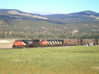 A westbound CN freight waits for a light at the north end of the yard at Kamloops.