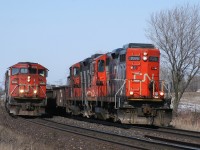 CN 399 and SOR 598 pace each other just east of Brantford