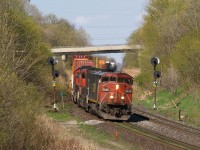 CN 384 splits the block signals as he approaches Inksetters bridge with CN 2436 - CN 5768 - IC 1039 and 133 cars consisting of 29 platforms followed by 104 mixed freight @ 10:27