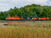 A rare visitor to Canadian Pacific\'s ribbon of steel but a regular visitor to Southern Ontario, CN 8011 lends a hand repaying HPH back to CP on train 223 to Thunder Bay. 