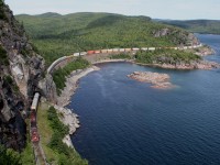 CP westbound train #111 heads through the Mink Tunnel on the shores of Lake Superior located on the Heron Bay Sub