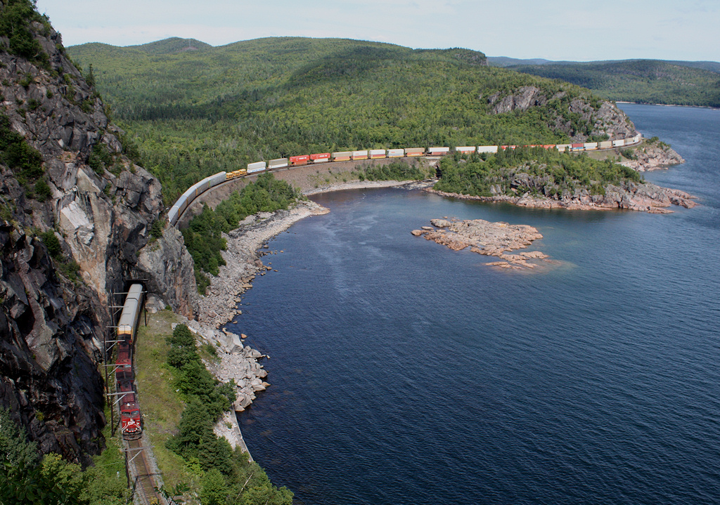 CP westbound train #111 heads through the Mink Tunnel on the shores of Lake Superior located on the Heron Bay Sub