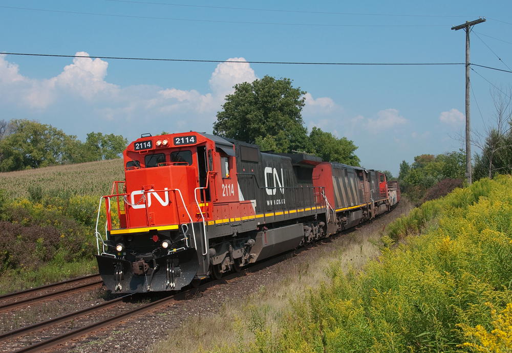 It\'s the second last day in August, but the dog days of summer aren\'t over yet. CN 331 heads west after being stopped for a suspected hot box at the mile 15 hot box detector and awaiting for VIA 73\'s passage. Photo taken with the Carl Zeiss Vario-Sonnar 24-70 F2.8 ZA SSM lens.