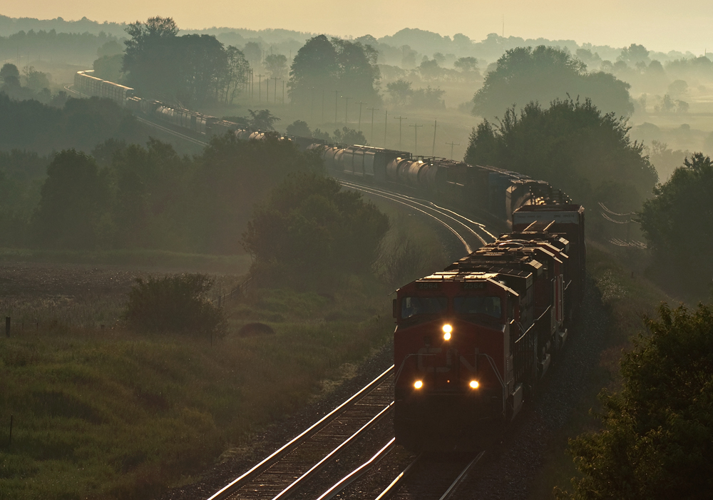 Here\'s a shot from over a year back at Newtonville, CN M37321 25 after sunrise with the low hanging fog lingering.