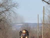 The Blue Mountains are the backdrop as CCGX 1001 announces the arrival of the Barrie-Collingwood Railway into Collingwood.