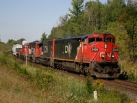CN 411's engineer and conductor wave to the railfans at Mile 30 on the Halton Sub