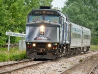 VIA 6445 in the Coors Light Sliver Bullet Express scheme pulls VIA #85 through Petersburg. 