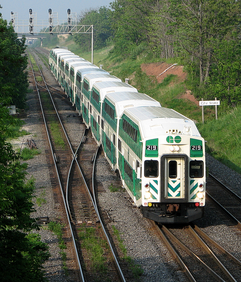 GO train 493 passes through the interlocking at Snake.