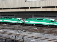 Brand-new GO Transit MP40PH-3C 654 is being broken into service, it and sister 630 depart Toronto Union Station on Lakeshore West train 917 in the afternoon.