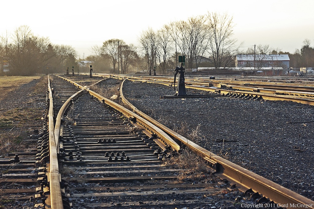 The Havelock yard is quiet as the sun reflects off the rails and many unused switches and tracks symbolize a once busier era.