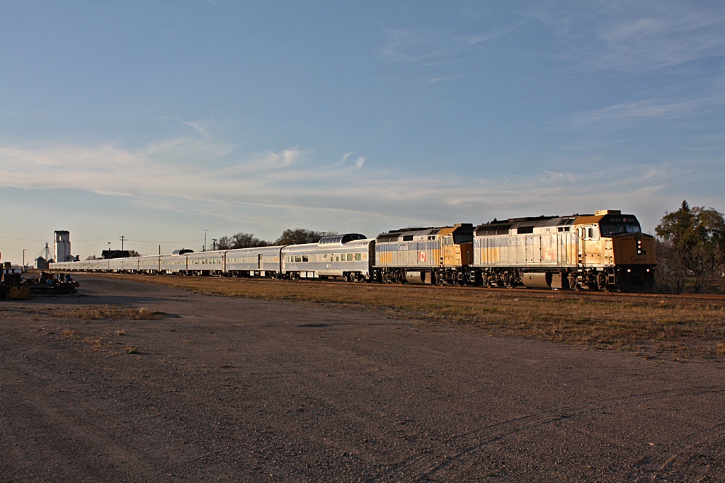 Via Eastbound Canadian pulls into Rivers Manitoba.