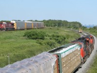 CP 112\'s DPU shoves through Lovekin at 60 MPH as CN 376 attempts to keep pace passing through a Rule 42.