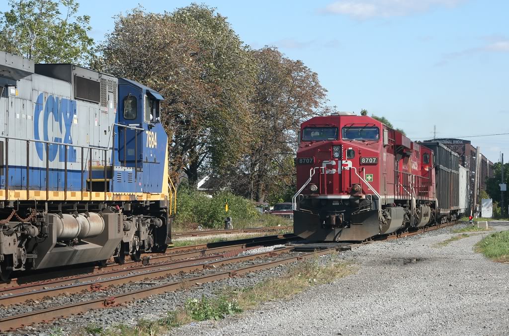 CP 255 meets CP DTS-12, a CSX detour train at Fort Erie after crossing the International Bridge on the CN Stamford Sub