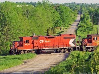 3113 Leads T07 through the beautiful countryside west of Norwood behind it is a rare visitor from western Canada 3013 a GMDGP-38AC.