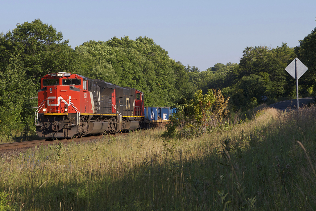 CN 107 throttles out of Dock Siding at the North Siding Switch with NS-style 8021 and 5602. I need to come here more often!