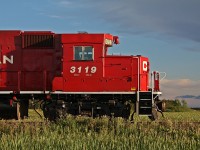 Cab of CP 3119 during a prairie sunset.
