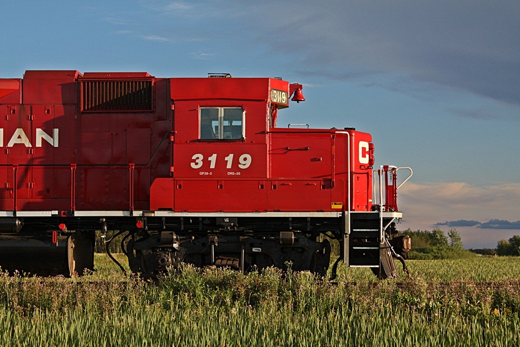 Cab of CP 3119 during a prairie sunset.