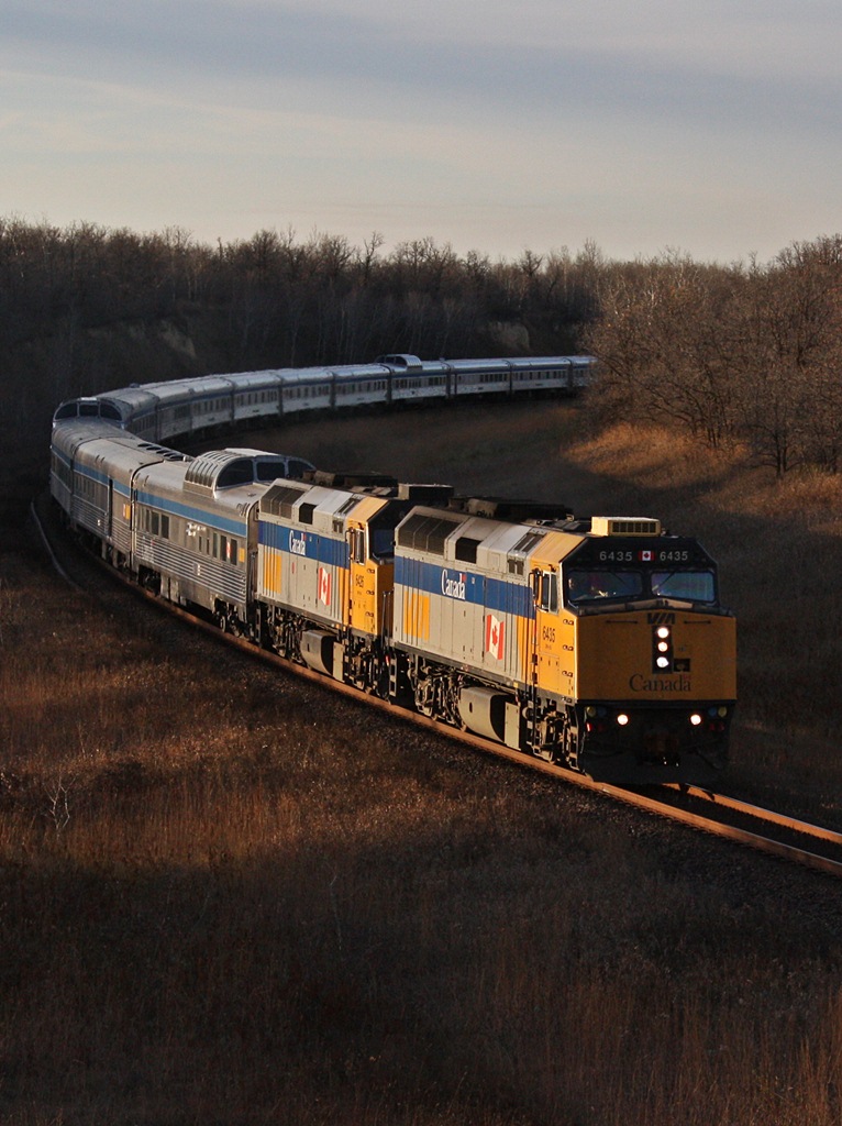 The eastbound Canadian rounds the curve at Rivers.