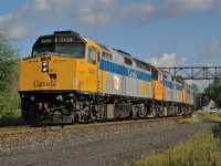Classic! One of the few remaining untouched F40PHs on VIA (6428) leads train # 2 through Washago with 2 more non-rebuild F40PHs trailing.