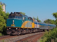 A sight to be seen in more than nearly 21 years, VIA No 2, The Canadian rolls south at Mile 4.64 of Canadian Pacific\'s MacTier Subdivision. This, original transcontinental route for the Canadian to Vancouver for many years before the service cuts were made which ended service on said route. 