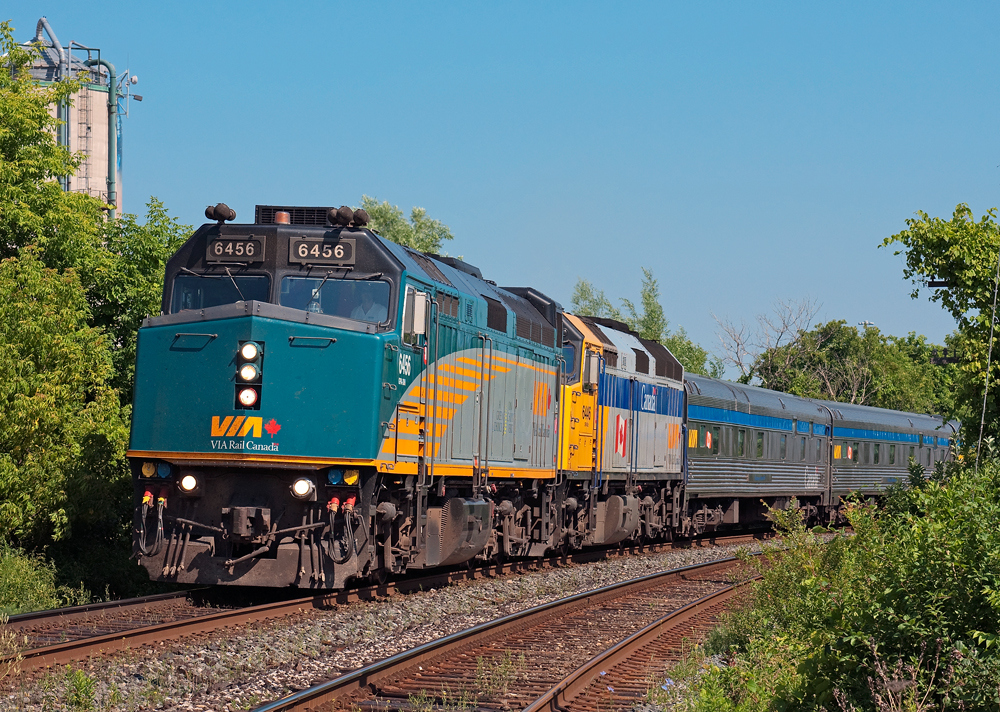A sight to be seen in more than nearly 21 years, VIA No 2, The Canadian rolls south at Mile 4.64 of Canadian Pacific\'s MacTier Subdivision. This, original transcontinental route for the Canadian to Vancouver for many years before the service cuts were made which ended service on said route.