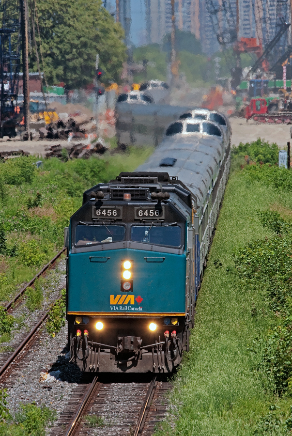 VIA 2 back on \"home\" rails is seen eastbound on GO\'s Weston Subdivision, this train was detoured over the CPR at Renyolds from CN due to a minor derailment at Torrance on the Bala Sub.
