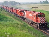 A rather impressive lash-up of 4-axle MLWs is about to pop under highway 401 just east of Newcastle and hold the main through Lovekin siding on the CP Belleville Sub.