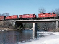 CP Havelock sub eastbound at Indian River bridge, west of Norwood, Ontario