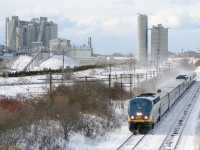 VIA #56 approaches Waverley Road, Bowmanville from the west, with St Mary\'s cement works in the background