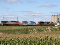 A colourful CN 394 cruises through rural Southern Ontario