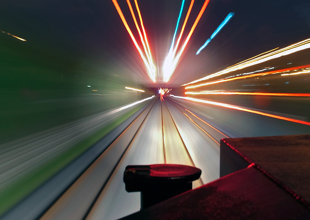 Aboard the Toronto to Memphis freight, we streak by Peel on a clear night.