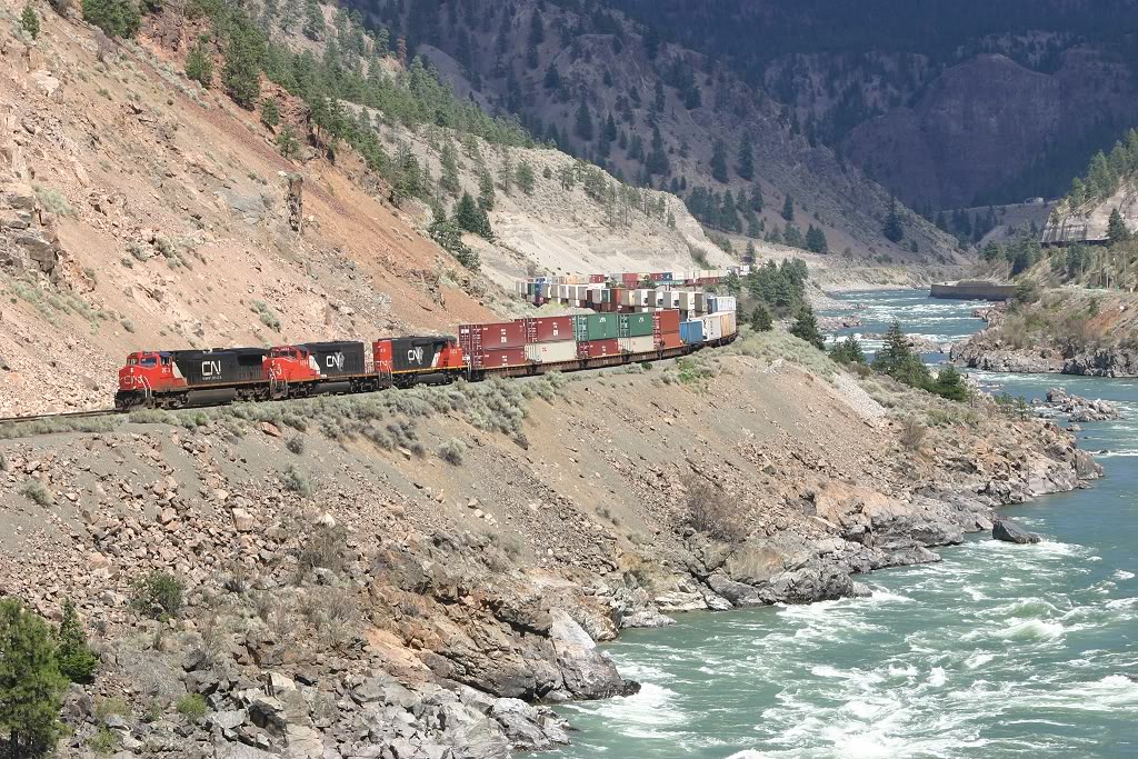 CN 111 races the Thompson River towards the coast, just west of Spence\'s Bridge