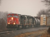 CN 385 approaches Brantford on a dull, rainy spring day
