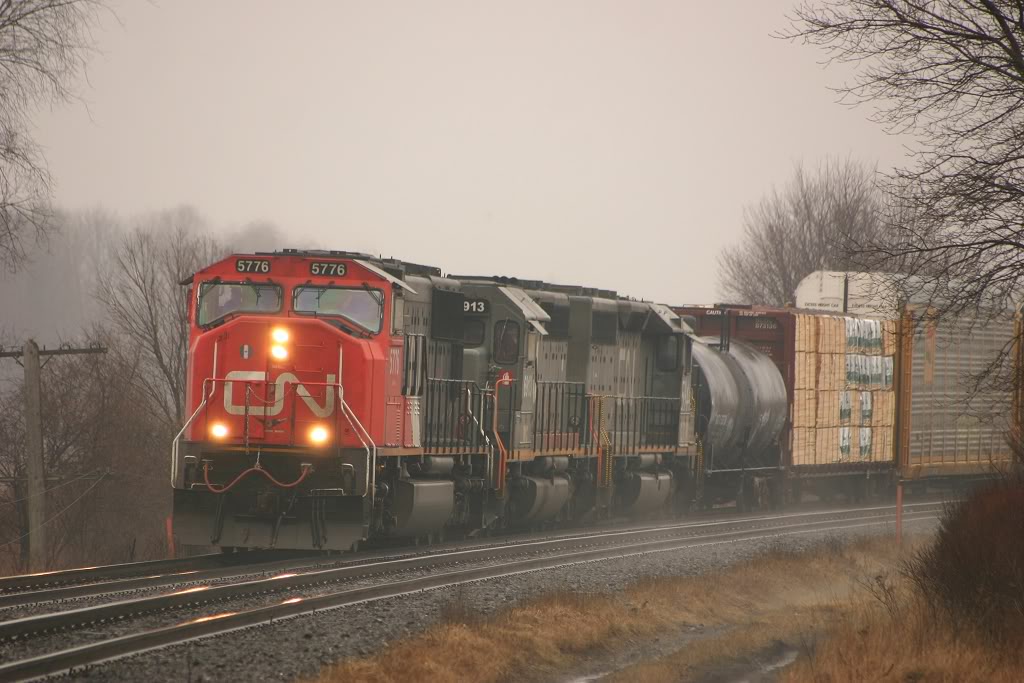 CN 385 approaches Brantford on a dull, rainy spring day
