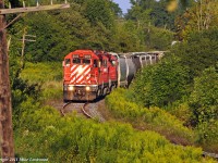 I\'ve been wanting to scratch this shot off my to-do list since 2008. Done, thanks to the Friday afternoon departure of T07. The westbound Havelock negotiates the S-curve west of town, and at one time would have passed under the one time Whitby, Port Perry and Lindsay Railway, long abandoned through here. CP 3133, 3045, and 3114, 36 cars. 1857hrs
