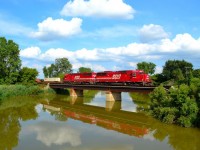 CP 241 led by SOO's 6046 & 6047, heads westbound over the canal bridge at mile 73.5 Windsor Sub.