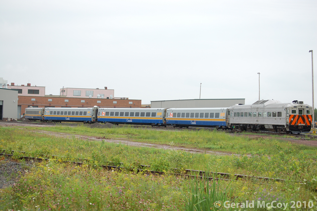 IRSI RDC 6130 shunting rebuilt Renaissance cars at the IRSI shops, Moncton, N.B.