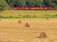 Its Canada Day,8211 leads todays T07 past fresh hay bails outside Pontypool.along for the ride is 3133,3045 and 3114.