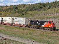 A clean CN 2669 is the rear dpu on Q111 at Miniota as the long intermodal descends down to the valley on a fall afternoon. 