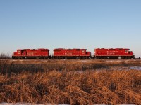 CP GP38-2 3038 3067 and GP38AC 3014 are parked for the evening at Redvers.