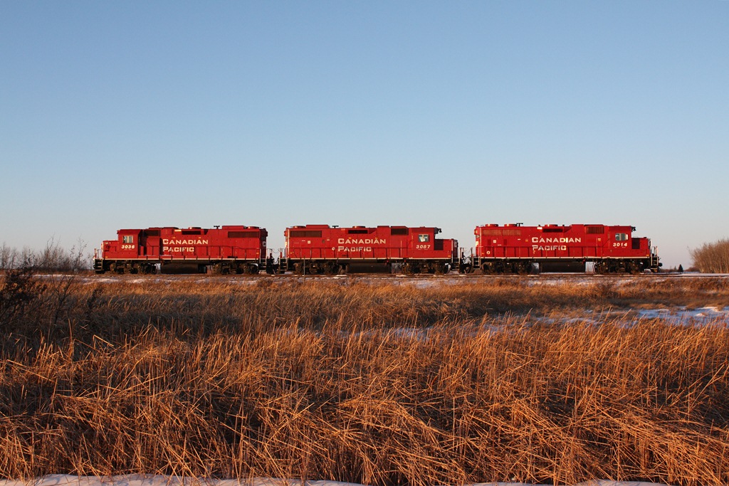 CP GP38-2 3038 3067 and GP38AC 3014 are parked for the evening at Redvers.