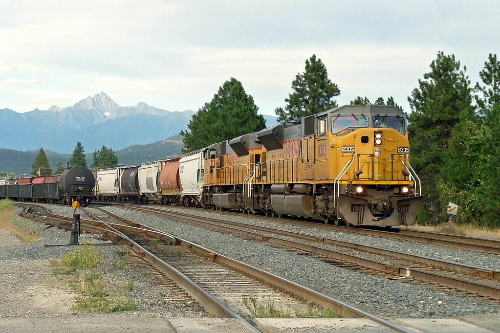 Union Pacific SD9043MACs 8305 and 8285 lead a westbound graintrain through Cranbrook.