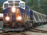 After a round trip to Whistler, RMR 8015 with NRE (National Railway Equipment) 2020 back the Whistler Sea to Sky Climb into the North Vancouver wye on Sunday evening.