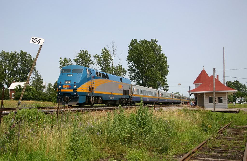 VIA 45 makes its station stop at Gananoque, seen from the former Thousand Island Railways right of way
