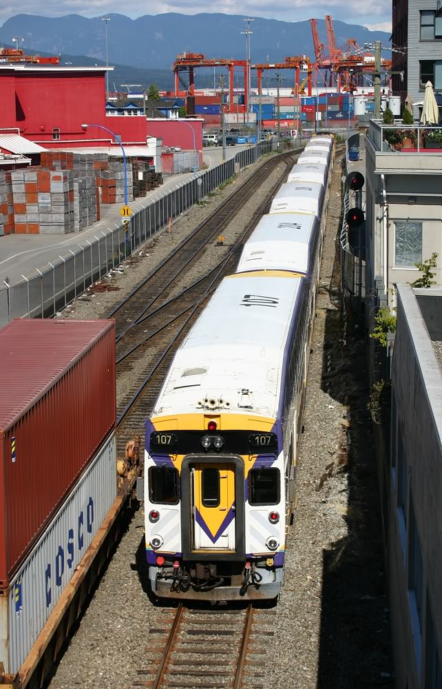 An outbound West Coast Express commuter train is minutes out of the downtown station, bound for the lower mainland.