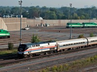 One of Amtrak\'s heritage units leads the Toronto to Niagara Falls section of the Maple Leaf seen here passing Willowbrook Yard in Toronto. 
