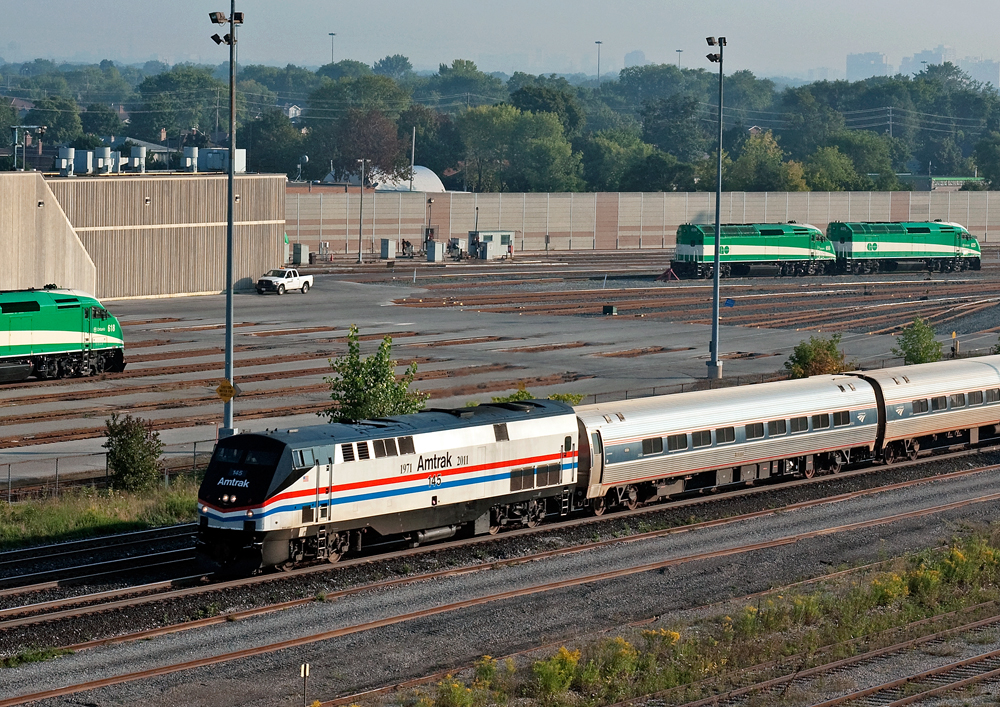 One of Amtrak\'s heritage units leads the Toronto to Niagara Falls section of the Maple Leaf seen here passing Willowbrook Yard in Toronto.