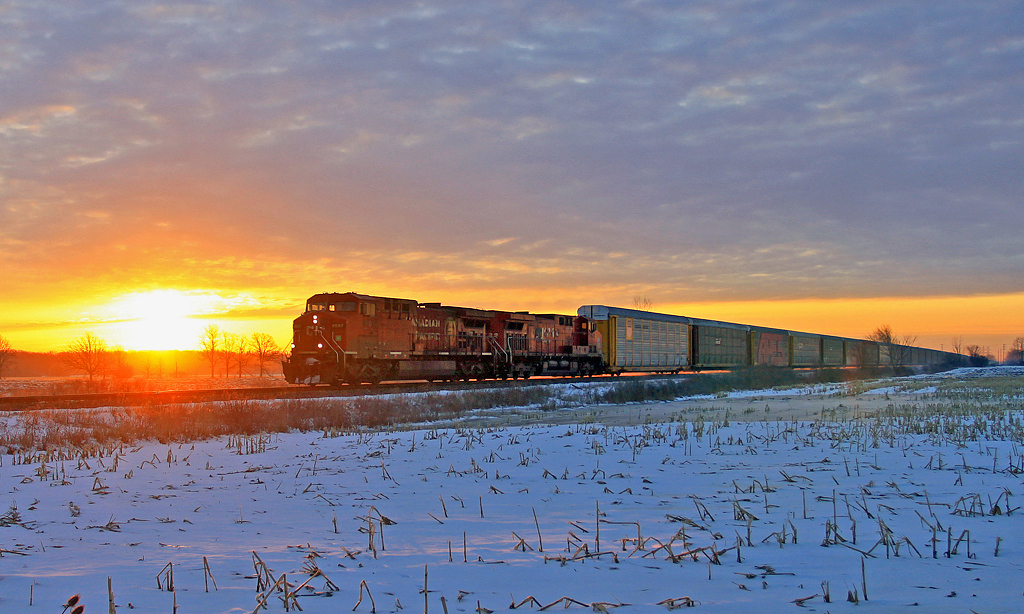CP 9587 leads an early 247-07 through Grassie, Ontario on a brisk Monday morning.